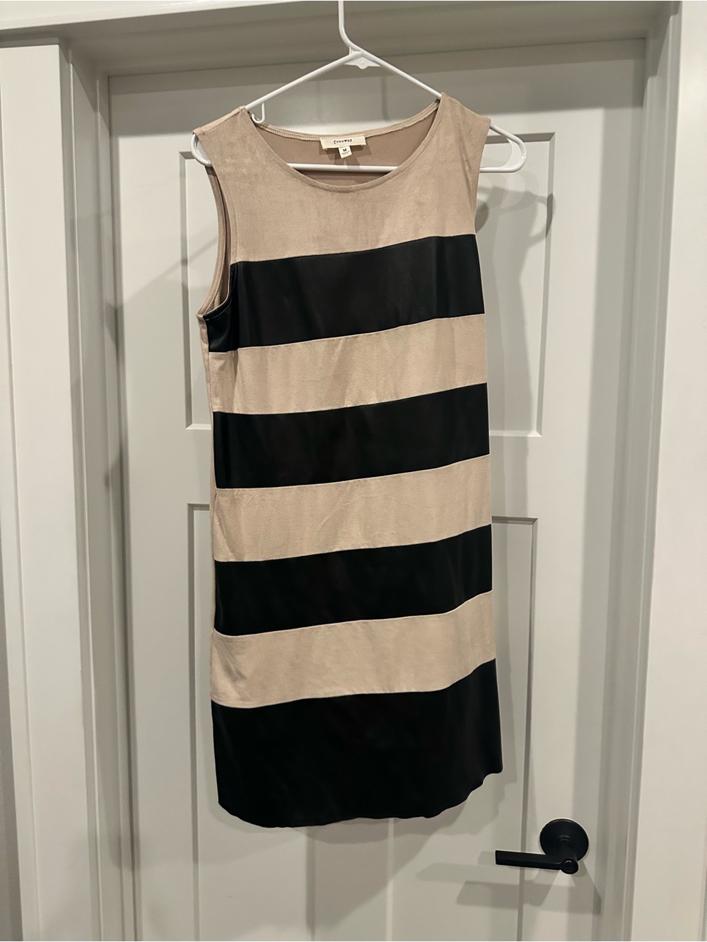 Freeway Beige and Black Striped Sleeveless Shift Dress